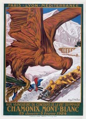 Oficjalny plakat zimowej olimpiady w Chamonix 1924, wyprodukowany w 500 egzemplarzach, fot. wikimedia (domena publiczna)