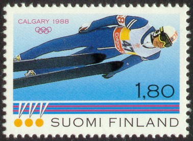 Znaczek pocztowy wyemitowany po sukcesie Nykänena na igrzyskach w Calgary, fot. wikimedia (domena publiczna)