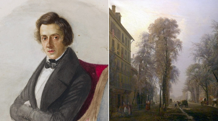 Portret Chopina autorstwa Marii Wodzińskiej 1835, Le boulevard Poissonnière en 1834 par Isidore Dagnan (musée Carnavalet) / Wikimedia Commons