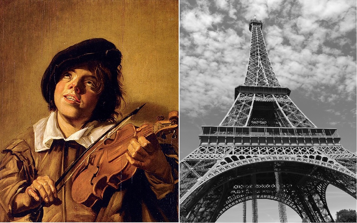Gdy powstawał "Janko Muzykant" wieży Eiffla jeszcze nie było. Chłopiec grający na skrzypcach. Obraz z ok. 1630 r.; po prawej wieża Eiffla, fot. wikimedia i Pixabay.com
