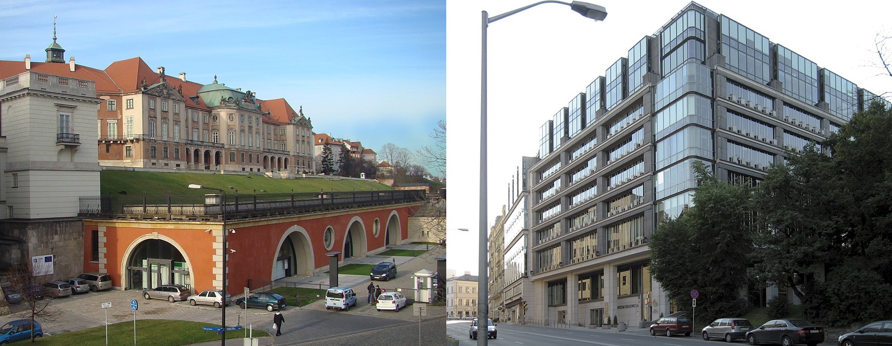 Arkady Kubickiego współcześnie (po lewej; fot. wikimedia; domena publiczna) oraz siedziba GPW w Warszawie (fot. Beax - Praca własna, wikimedia; na licencji CC BY-SA 3.0)