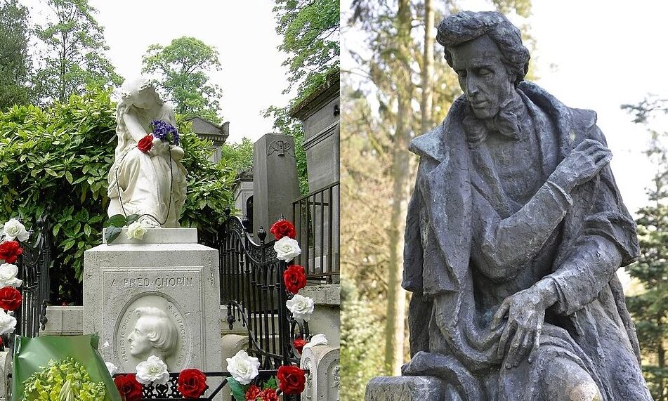 Grób Chopina na cmentarzu Père-Lachaise (po lewej), pomnik Fryderyka Chopina w Żelazowej Woli (proj. J. Gosławski), fot. wikimedia (domena publiczna) oraz Wistula - Praca własna, wikimedia (na licencji CC BY 3.0)