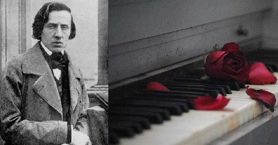Fryderyk Chopin i fortepian, fot. wikimedia (domena publiczna) i Pixabay.com