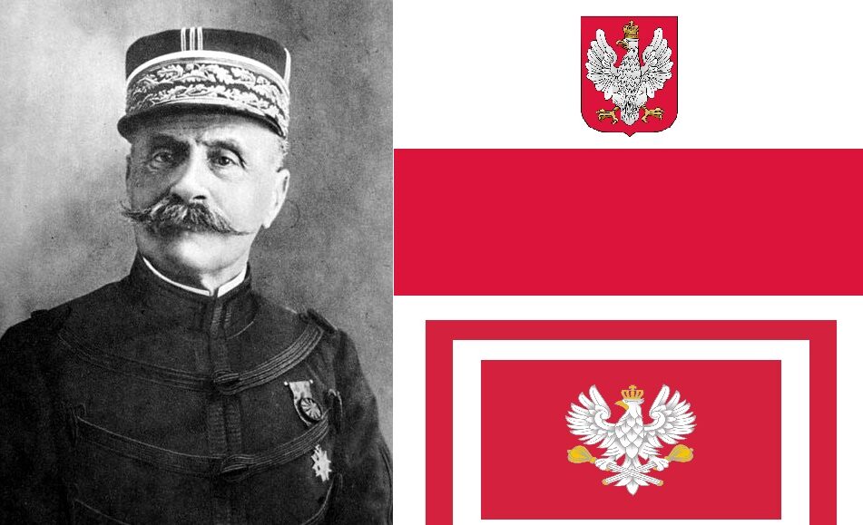 Ferdynand Foch, flaga Polski z godłem z lat 1919-1930 (u góry), flaga marszałka Polski (na dole), fot. kompilacja na podstawie wikimedia (domena publiczna)