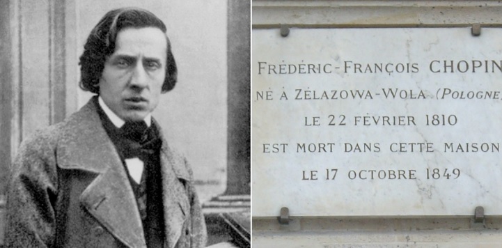 Fryderyk Chopin, fot. Louis-Auguste Bisson, 1849 / Wikimedia Commons; Tablica pamiątkowa na Placu Vendome w Paryżu / Wikimedia Commons