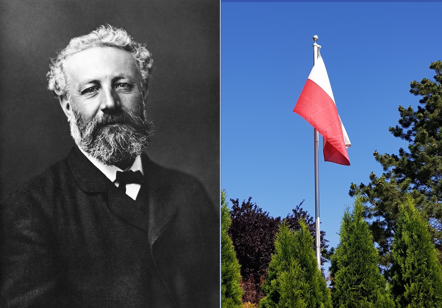 Zdjęcie Julesa Verne’a wykonane przez Féliksa Nadara i flaga Polski, fot. wikimedia (domena publiczna) oraz Pixabay.com