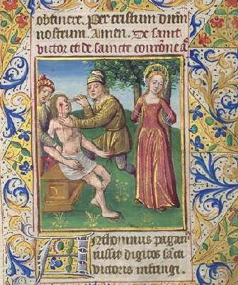 Iluminacja z „Liturgii godzin” (Paryż, ok. 1480) przestawiająca męczenników Wiktora i Koronę, fot. wikimedia (domena publiczna)