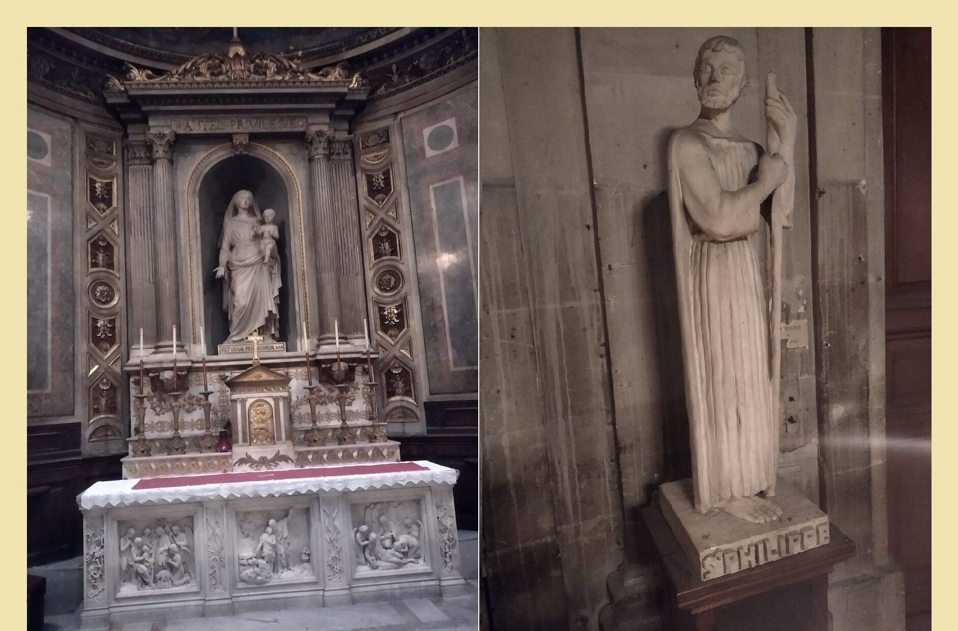 Marmurowa rzeźba Maryi z Dzieciątkiemw kościele Saint-Philippe-du-Roule oraz figura patrona świątyni, polskiFR (listopad 2019)