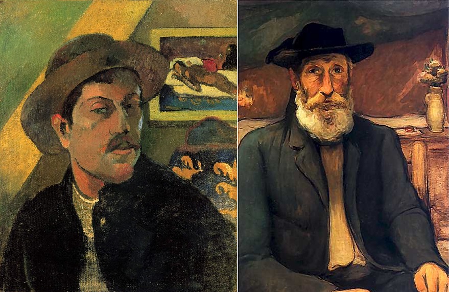 Paul Gauguin (po lewej, autoportret z 1893) i Władysław Ślewiński (autoportret w bretońskim kapeluszu, 1912), wikimedia (domena publiczna)