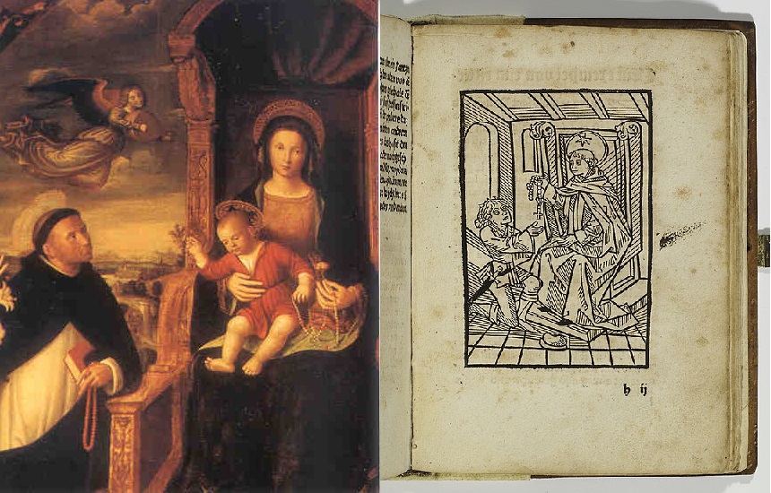 Średniowieczny obraz nieznanego autora, św. Dominik otrzymuje różaniec (po lewej), Drzeworyt w Psałterzu Alanusa ukazujący bł. Alana de la Roche, 1492, wikimedia (domena publiczna) 