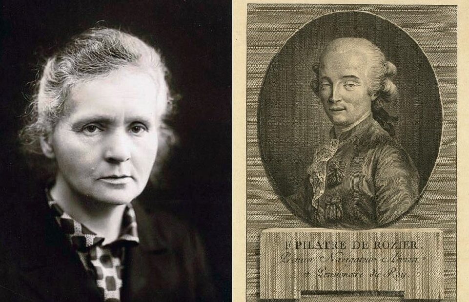 Maria Skłodowska-Curie około 1920 oraz Jean-François Pilâtre de Rozier, wikimedia (domena publiczna)