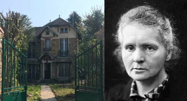 Dom Curie na sprzedaż, fot. @LeParisien_78/Twitter; Maria Skłodowska-Curie około 1920, fot. wikimedia (domena publiczna)