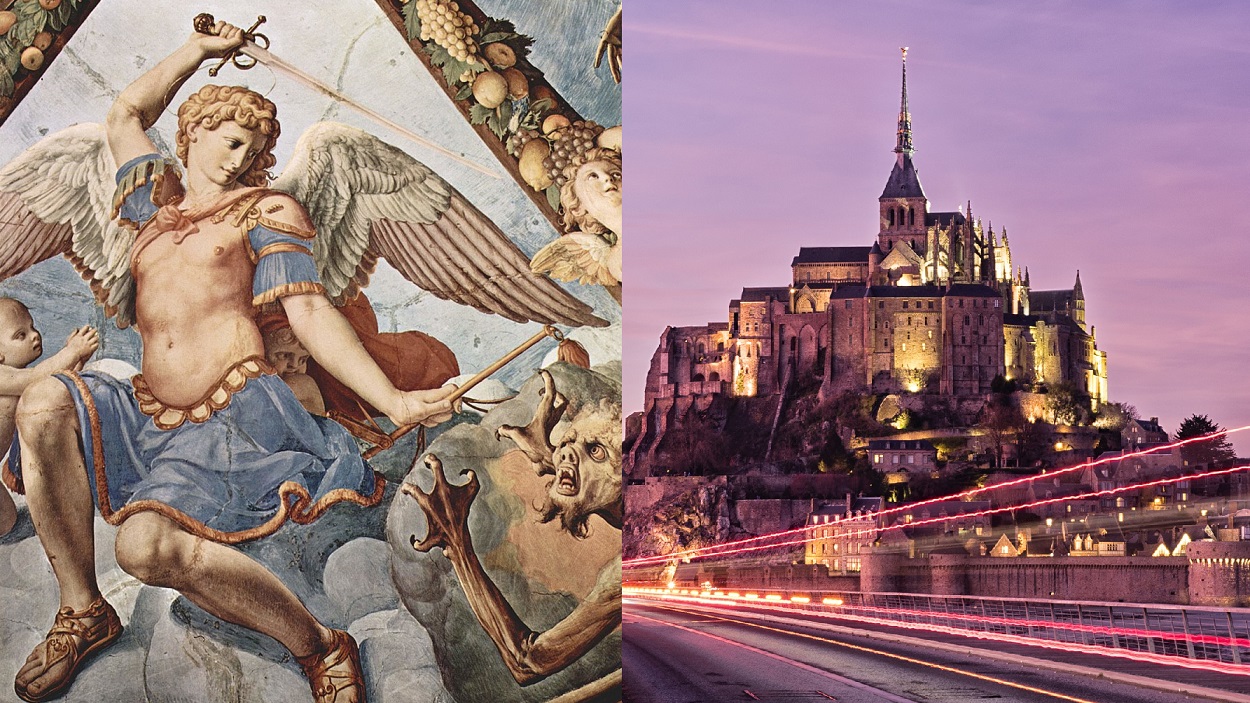 Archanioł Michał na fresku Bronzina, fot. wikimedia (domena publiczna); Mont-Saint-Michel, fot. Annabel_P z Pixabay