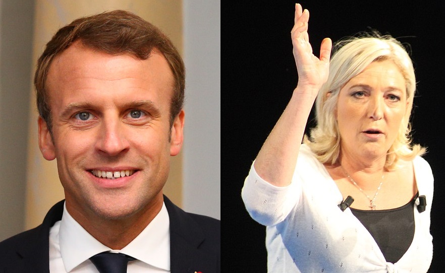 Emmanuel Macron w 2017 r.; Marine Le Pen w 2012 r.; fot. Par EU2017EE Estonian Presidency — Tallinn Digital Summit. Welcome dinner hosted by HE Donald Tusk. Handshake, CC BY 2.0, https://commons.wikimedia.org/w/index.php?curid=65357911; Par Gauthier Bouchet — Travail personnel, CC BY-SA 3.0, https://commons.wikimedia.org/w/index.php?curid=20168323