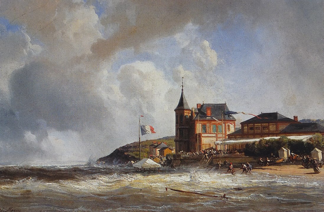Plaża Trouville podczas przypływu, obraz Charlesa Mozina, ok. 1850 r., fot. wikimedia (domena publiczna)