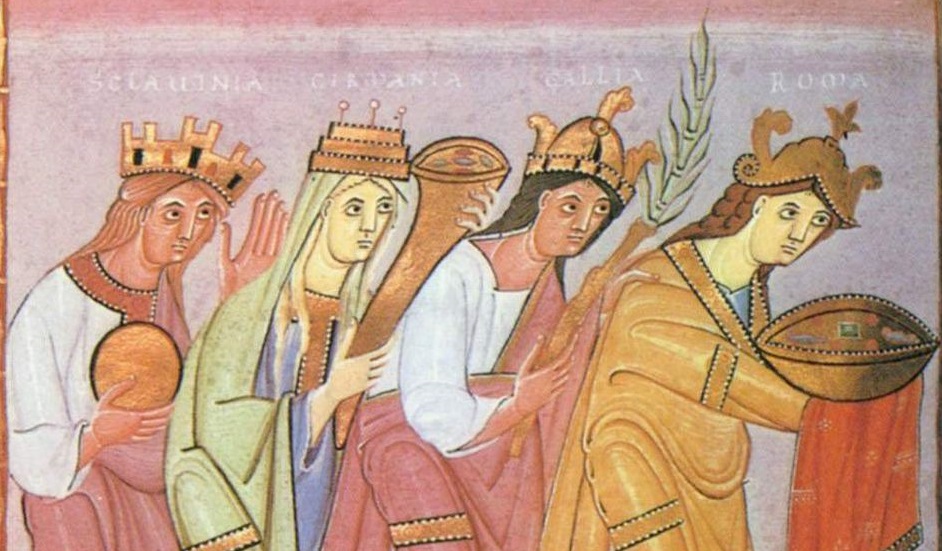 Cztery kobiety z Ewangeliarza Ottona III, symbolizujące cztery królestwa: Germanię, Galię, Italię i Słowiańszczyznę Zachodnią, fot. wikimedia (domena publiczna)