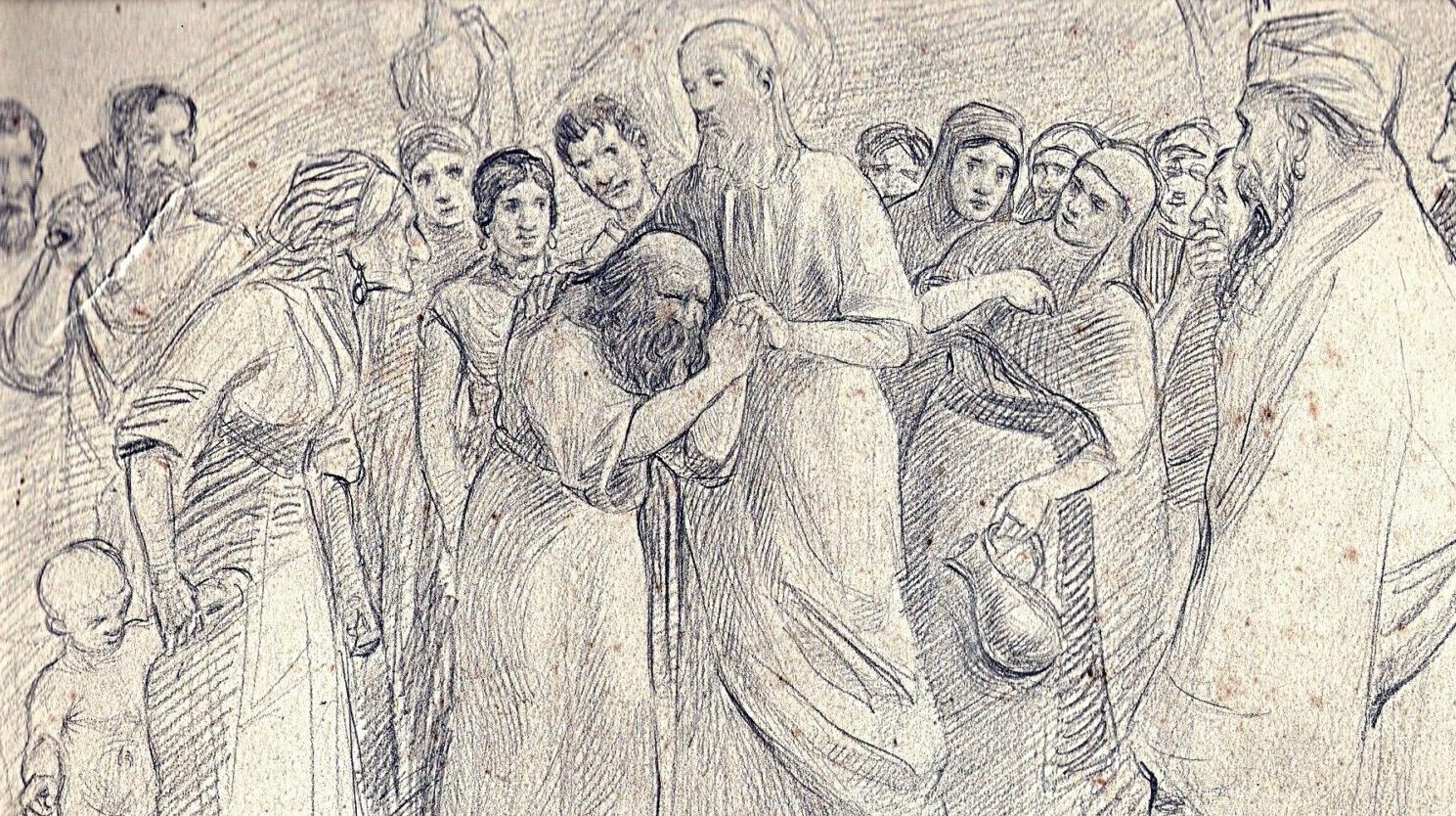 Jezus uzdrawiający niewidomego. Rysunek ołówkiem,1912 autorstwa G.Th.Rotman, fot. domena publiczna