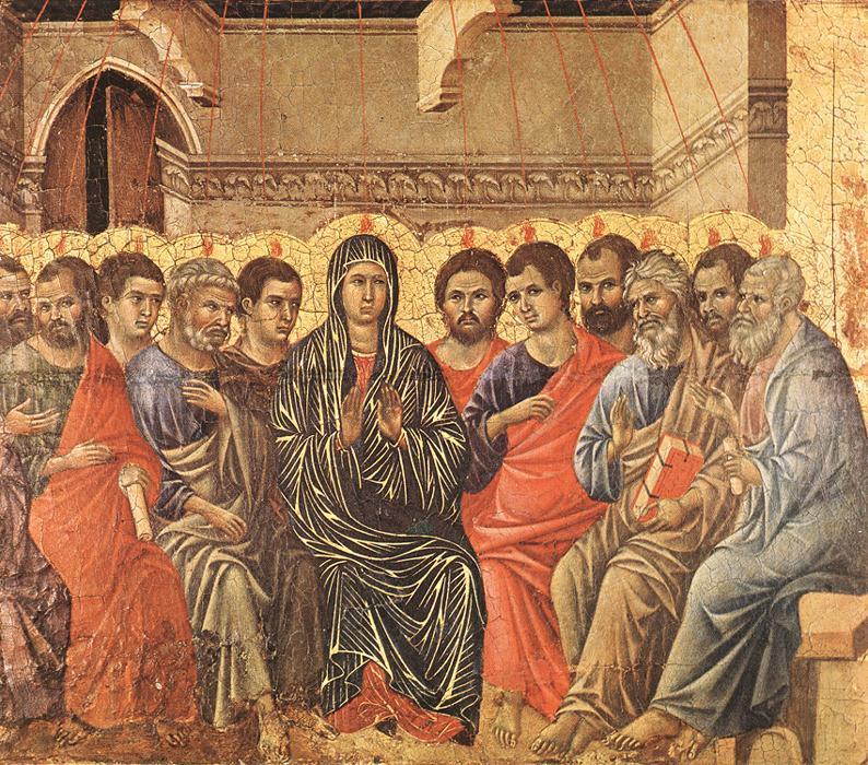 Duccio, Zesłanie Ducha Świętego (fragment retabulum Maestà), 1308-1311; Maryja wraz z Apostołami, fot. wikimedia (domena publiczna)
