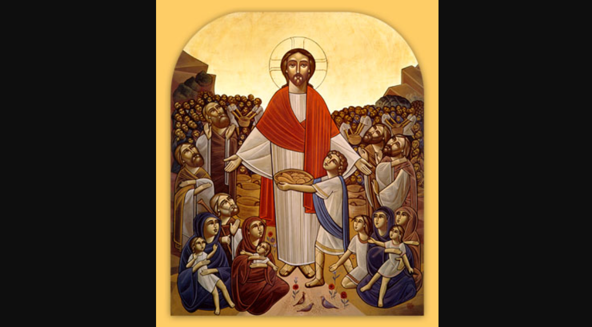 Nakarmienie tłumu przez Jezusa (koptyjska ikona); według jednej z tradycji, uczestnikiem wydarzenia był św. Syrus, fot. wikimedia (domena publiczna)